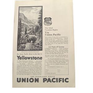 Vintage 1930 Union Pacific Rail Yellowstone Ad Advertisement